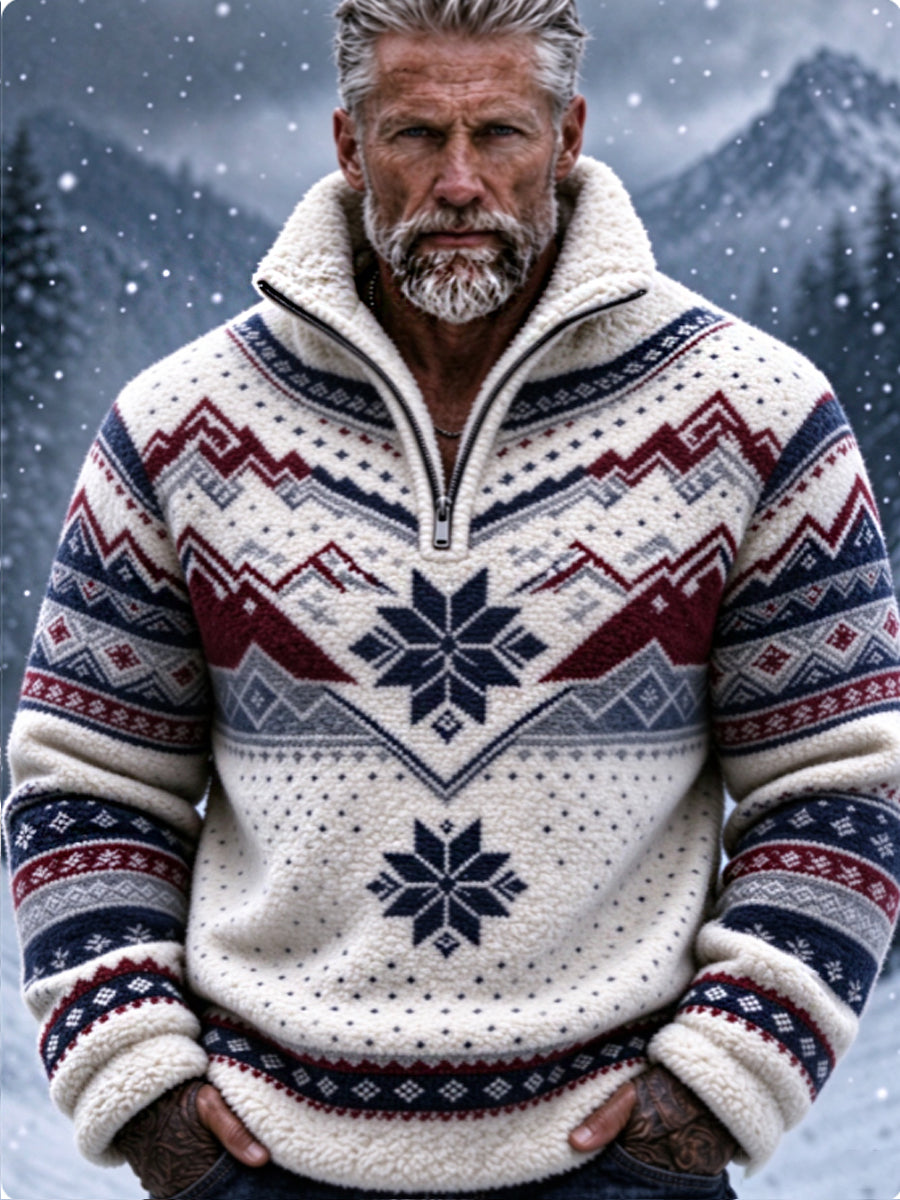 Herre-sweatshirt i nordisk Fair Isle-stil med geometrisk snefnugmønster, flannel