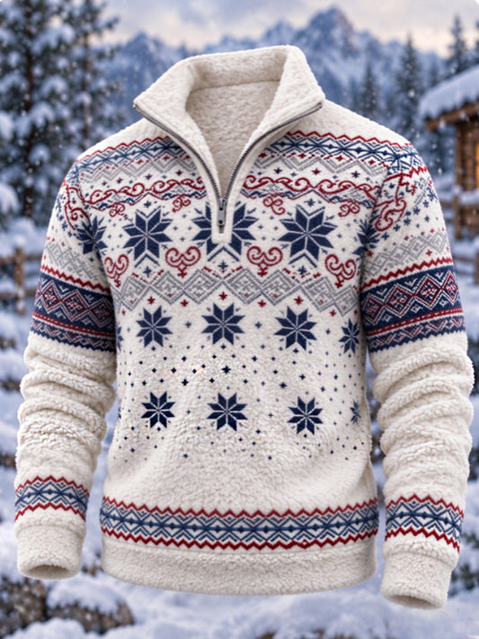 Herre-sweatshirt i nordisk Fair Isle-stil med geometrisk snefnugmønster, flannel