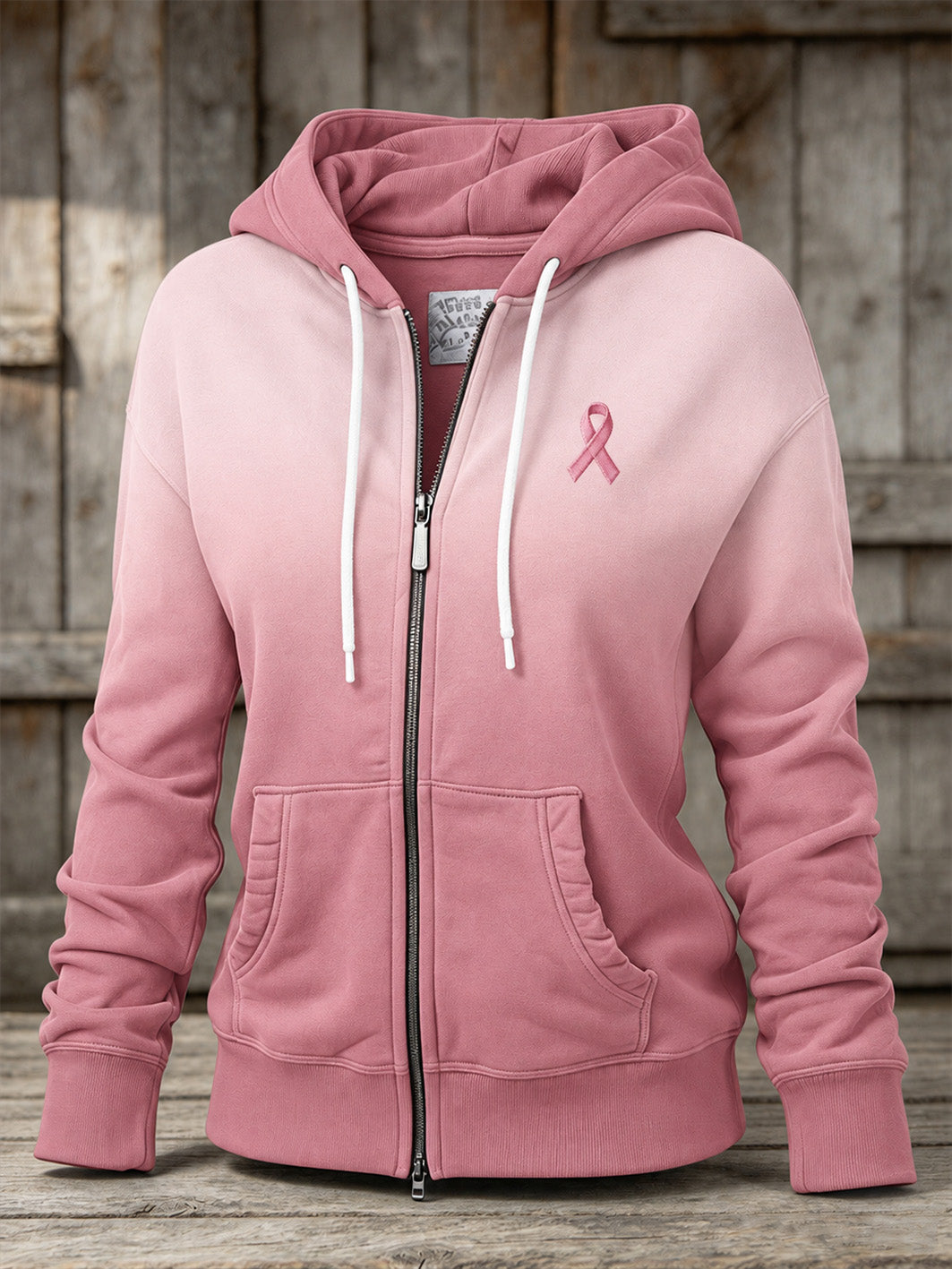 Kvinders Pink Charity Ribbon Mønster Gradient Design Casual Zip-Up Hoodie