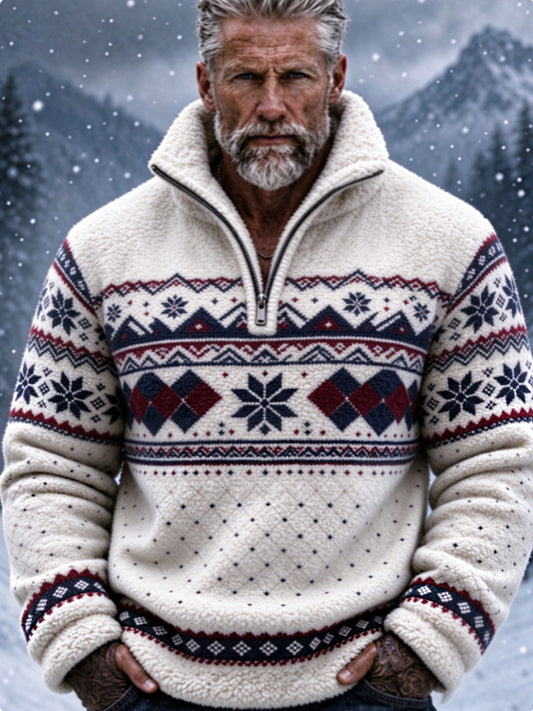 Herre-sweatshirt i nordisk Fair Isle-stil med geometrisk snefnugmønster, flannel