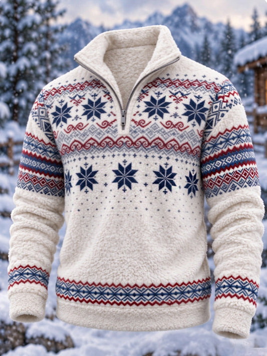 Herre-sweatshirt i nordisk Fair Isle-stil med geometrisk snefnugmønster, flannel