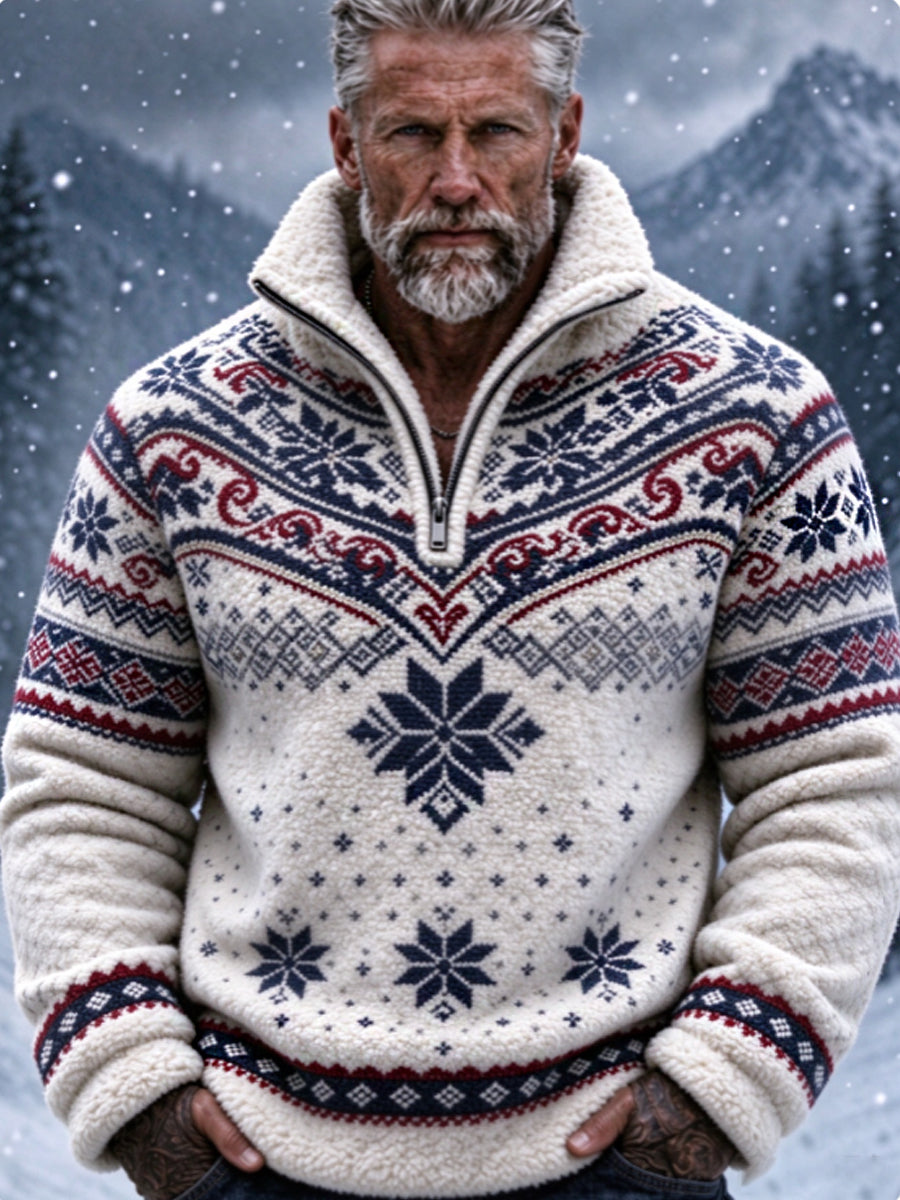 Herre-sweatshirt i nordisk Fair Isle-stil med geometrisk snefnugmønster, flannel