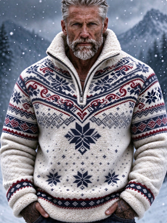 Herre-sweatshirt i nordisk Fair Isle-stil med geometrisk snefnugmønster, flannel