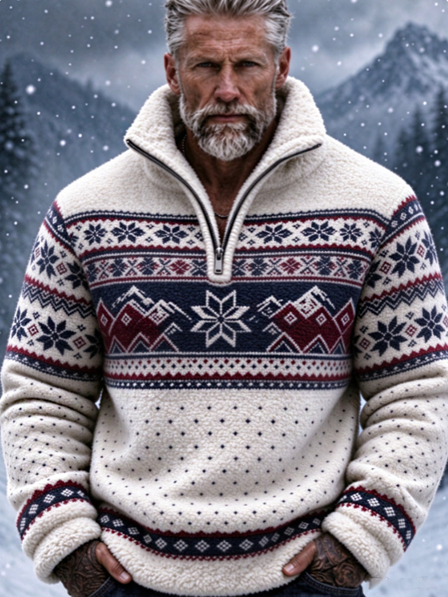 Herre-sweatshirt i nordisk Fair Isle-stil med geometrisk snefnugmønster, flannel