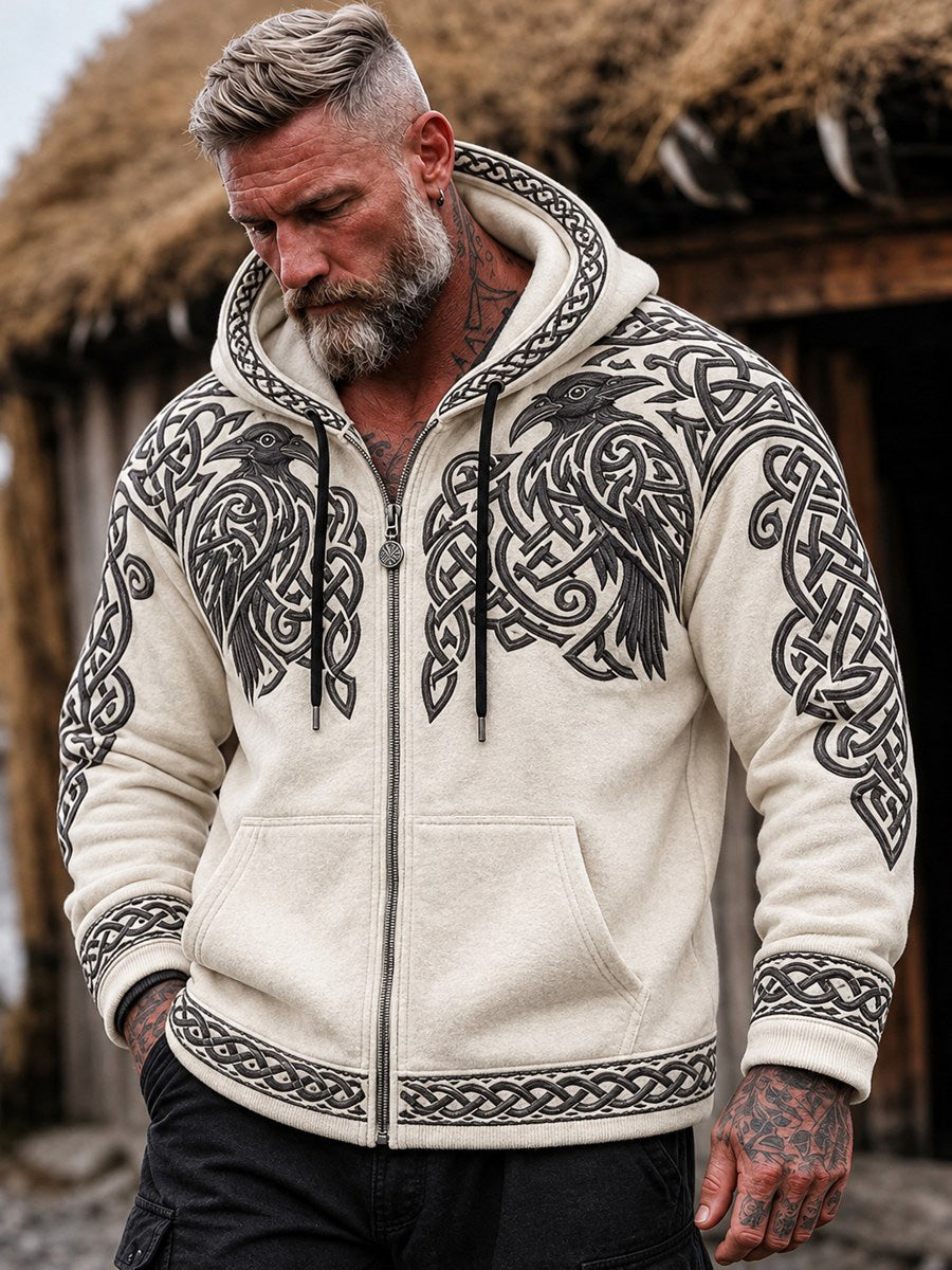 Mænds Vintage Viking inspireret keltisk Raven Print Casual Zip-Up Hoodie Print