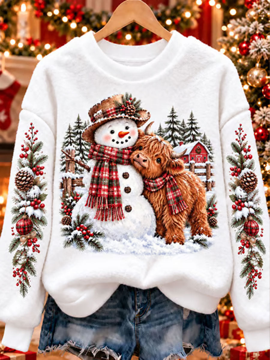 Kvinders flannel-sweatshirt med højlandsokse-juleprint