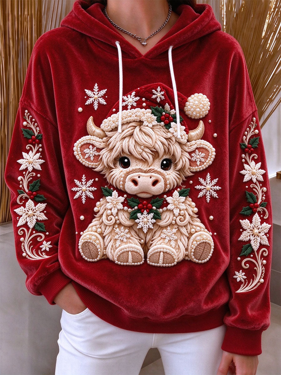 Kvinders Highland Cow-juleprint flanelfrakke med hætte
