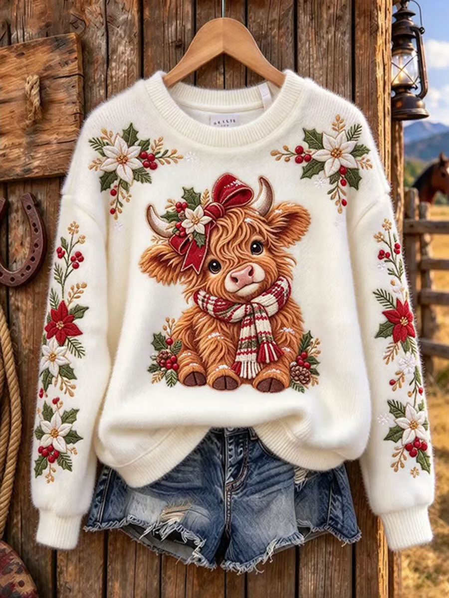 Kvinders højland ko jul Print Flannel Sweatshirt