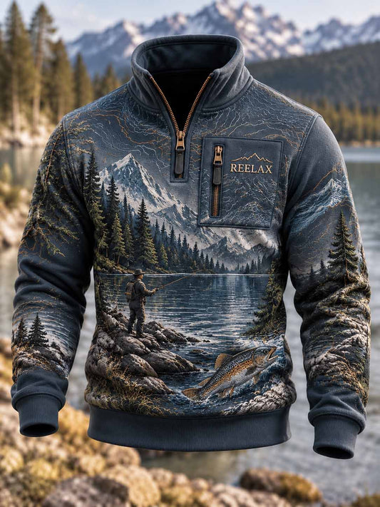 Vintage sweatshirt til mænd med fiskemotiv