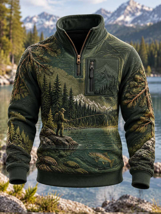 Mænds Vintage Fishing Mønster Trykt Sweatshirt