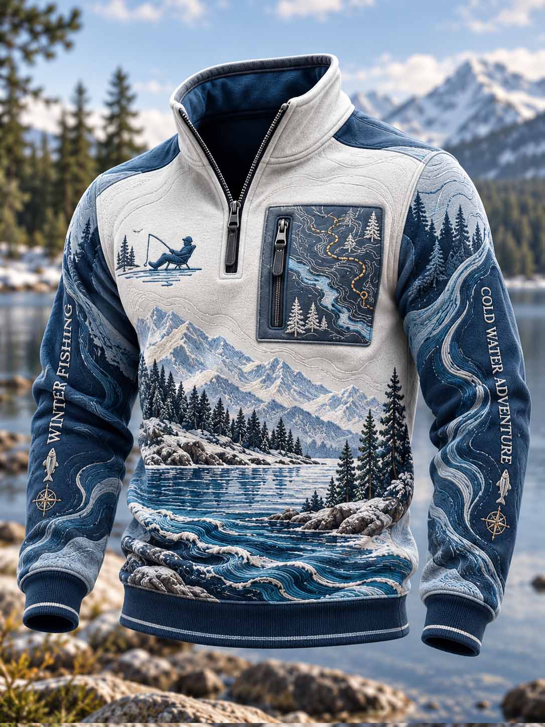 Vintage sweatshirt til mænd med fiskemotiv