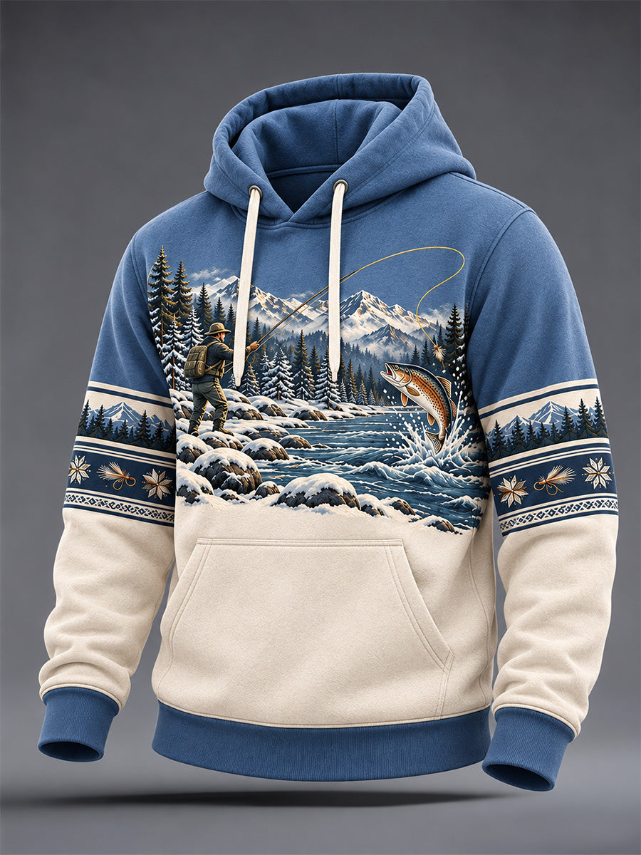 Mænds Vintage Wilderness Fishing Print Overdimensioneret drop-Shoulder Hoodie med lommer