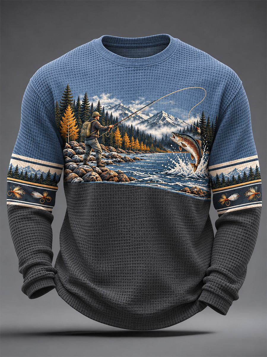 Herre vintage vildmarksfiskeri-print vafleret langærmet top