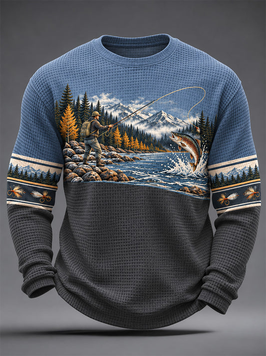 Herre vintage vildmarksfiskeri-print vafleret langærmet top