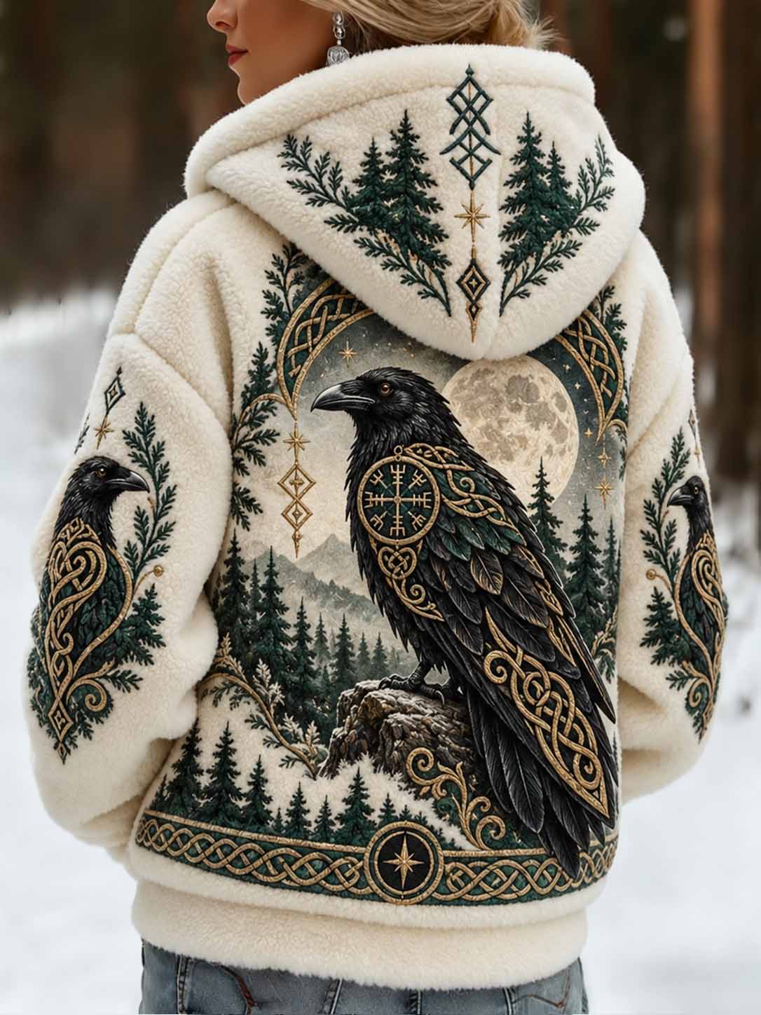 Kvinder Nordic Crow Print Hoodie Jacke