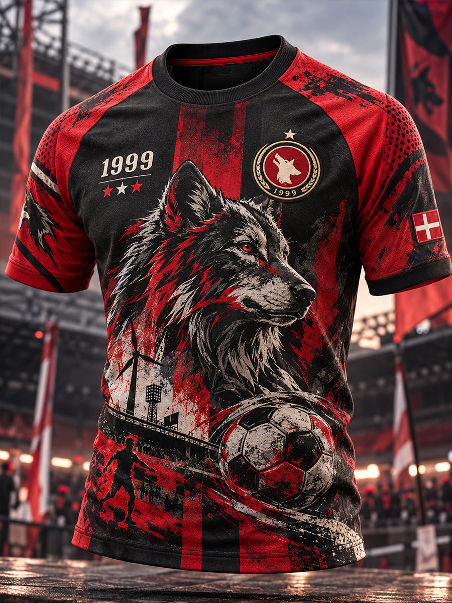 Herre-T-shirt med raglanærmer og fodboldmotiver