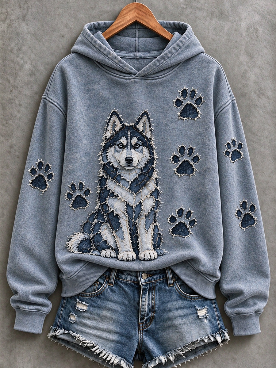 Kvinders Husky & Paw Prints Patchwork Print Casual Hoodie Print