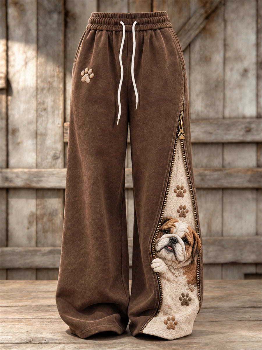 Kvinders kiggende Bulldog & Paw Prints lynlås Kontrast Print Bred ben sweatpants