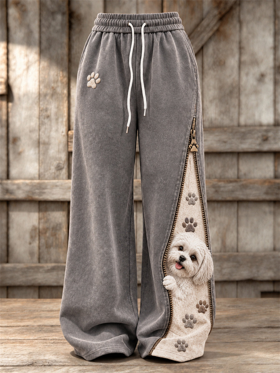 Kvinders kiggende maltesiske hund & tas Prints lynlås Kontrast Print Bredben sweatpants