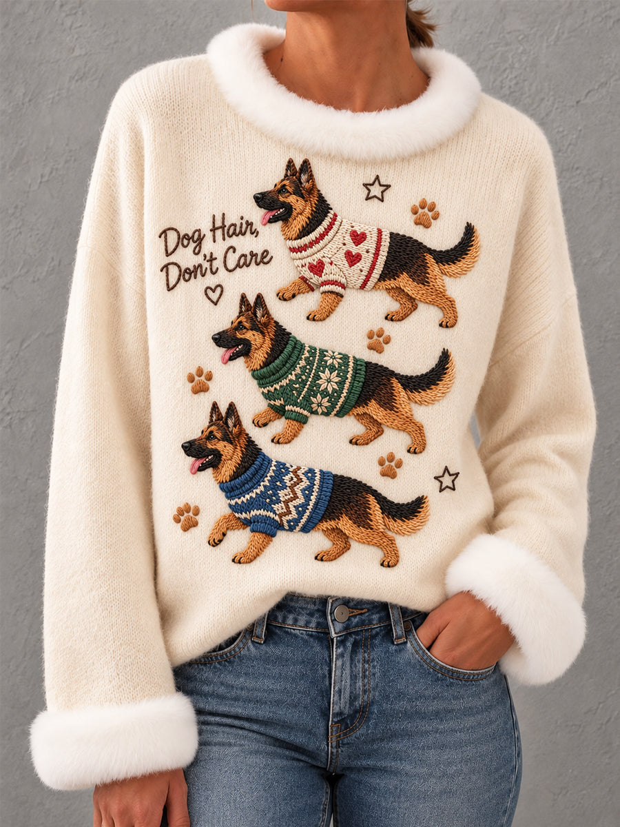 Kvinders tyske Shepherd Print hund elskere Casual Fur krave Toppe