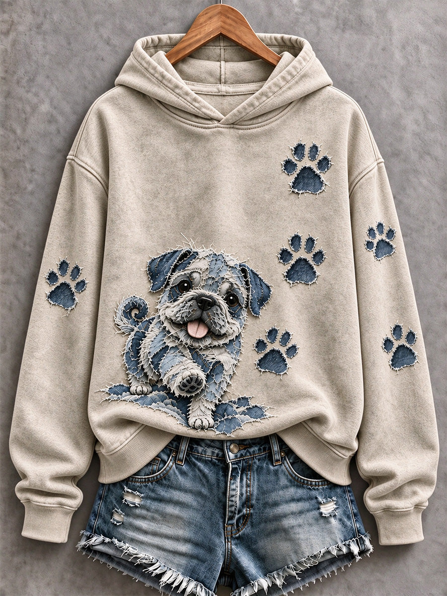 Kvinders Pug & Paw Prints Patchwork Print Casual Hoodie Print