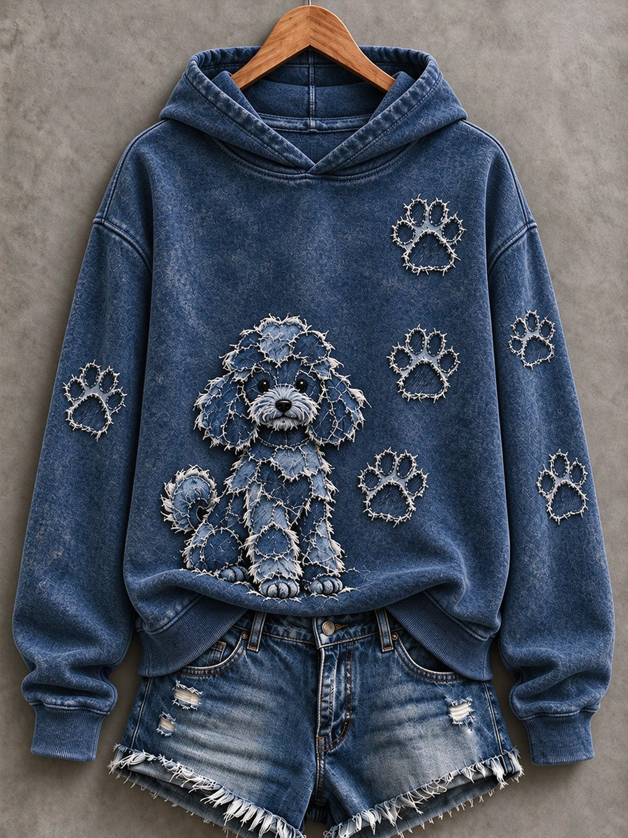 Kvinders Teddy Poodle & Paw Prints Patchwork Print Casual Hoodie Print