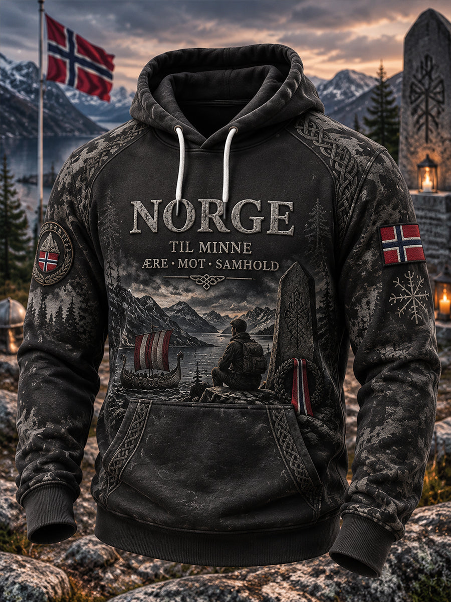Herre Vikingsk Veteran Minne-Hettegenser med Grafisk Trykk