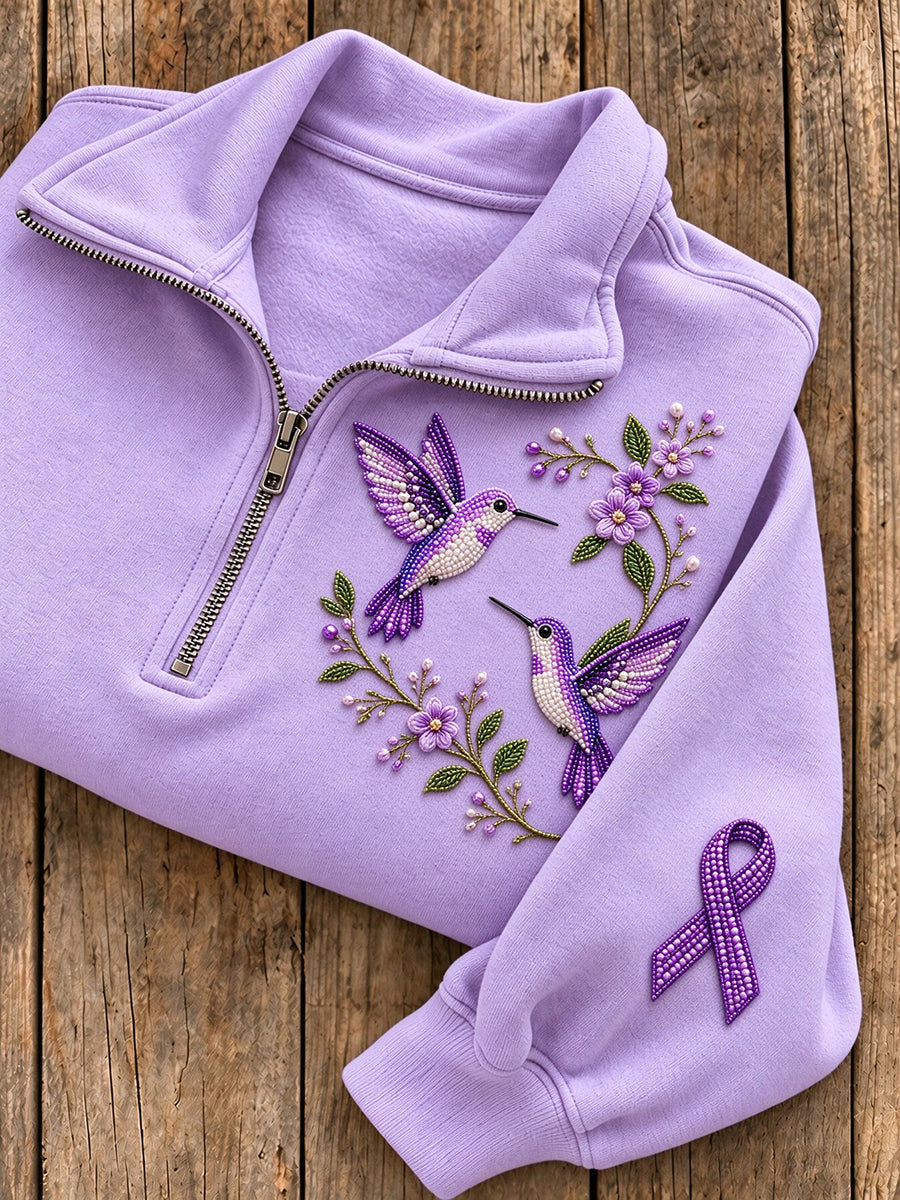 Kvinders Beaded Blomster kolibrier & Lilla Ribbon Mønster Casual Half-Zip Sweatshirt