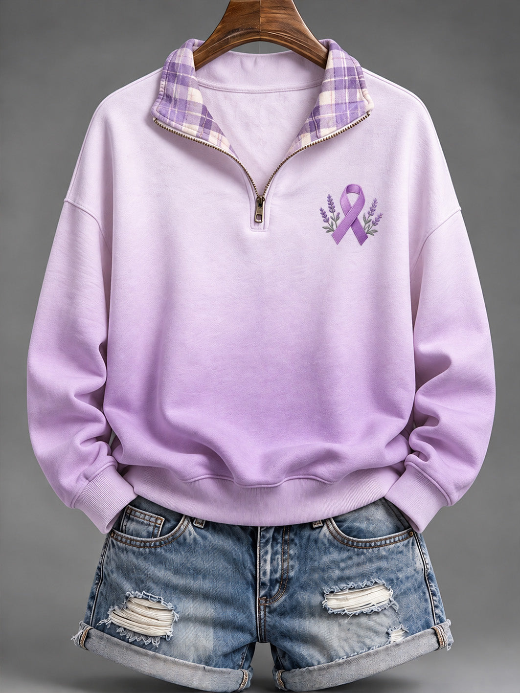 Kvinders lilla velgørenhed Bånd Mønster Gradient Design Casual Half-Zip Sweatshirt