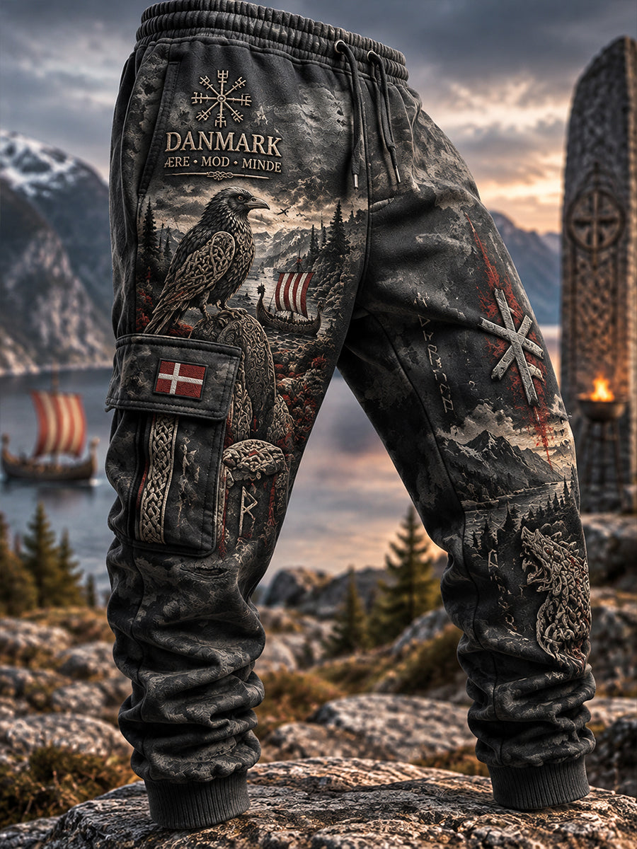 Mænds vikinge-tema grafisk udskrive lange fragtbukser