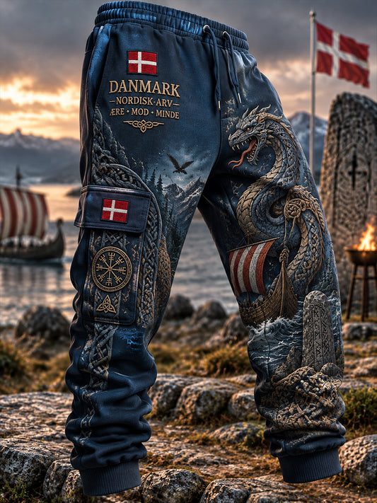 Mænds lange cargo-bukser med vikingemotiver og grafisk print