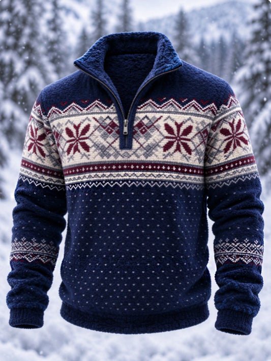 Herre-sweatshirt i nordisk Fair Isle-stil med geometrisk snefnugmønster, flannel