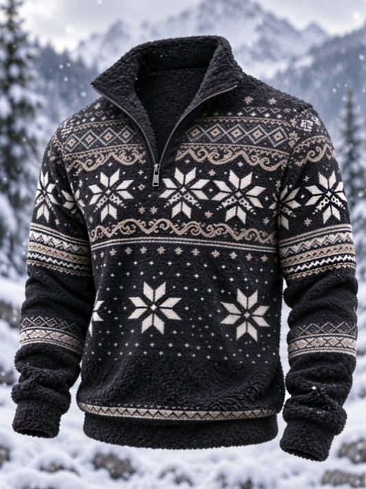 Herre-sweatshirt i nordisk Fair Isle-stil med geometrisk snefnugmønster, flannel