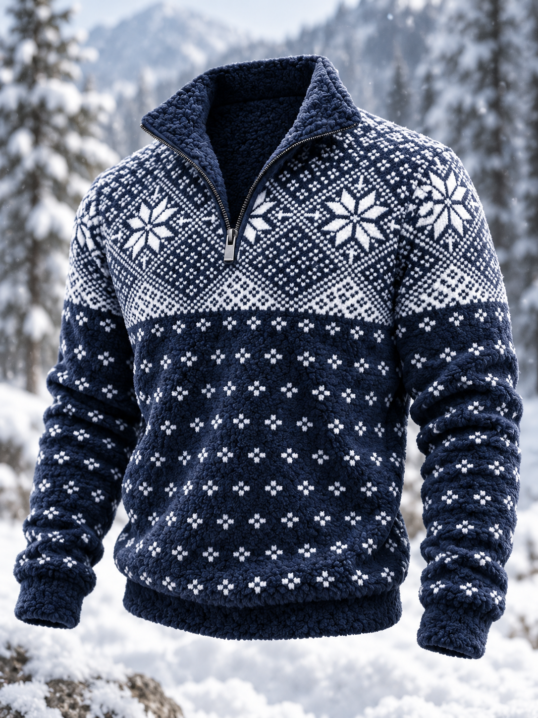 Herre-sweatshirt i nordisk Fair Isle-stil med geometrisk snefnugmønster, flannel