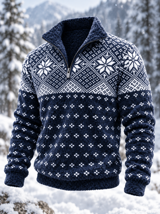 Herre-sweatshirt i nordisk Fair Isle-stil med geometrisk snefnugmønster, flannel