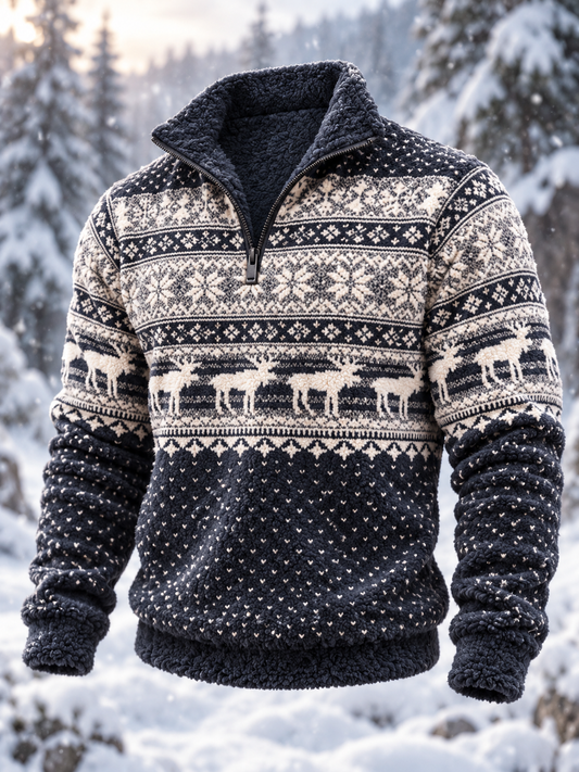 Herre-sweatshirt i nordisk Fair Isle-stil med geometrisk snefnugmønster, flannel