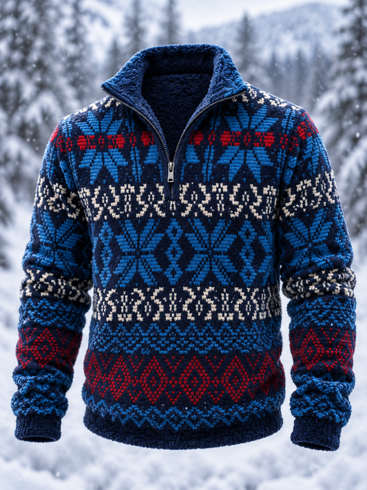 Herre-sweatshirt i nordisk Fair Isle-stil med geometrisk snefnugmønster, flannel