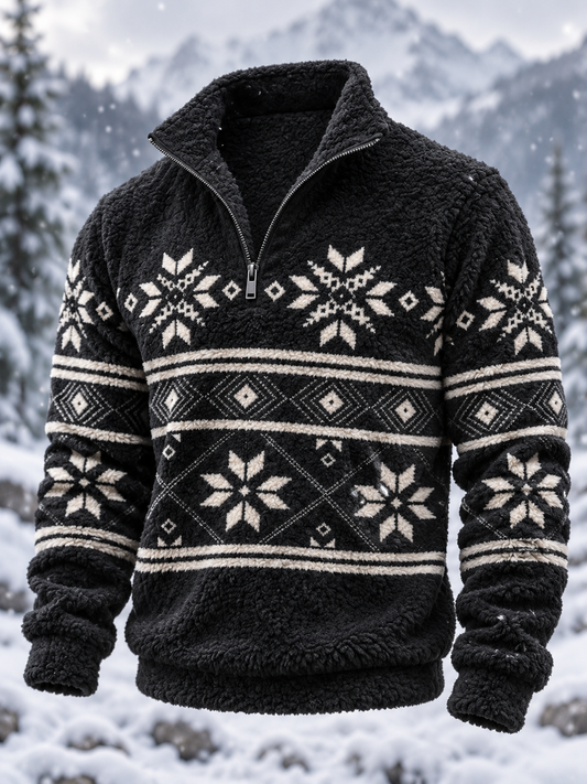 Herre-sweatshirt i nordisk Fair Isle-stil med geometrisk snefnugmønster, flannel