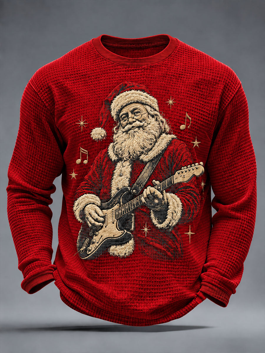 Mænds Guitar Rock Santa print vaffel lang ærme T-shirt