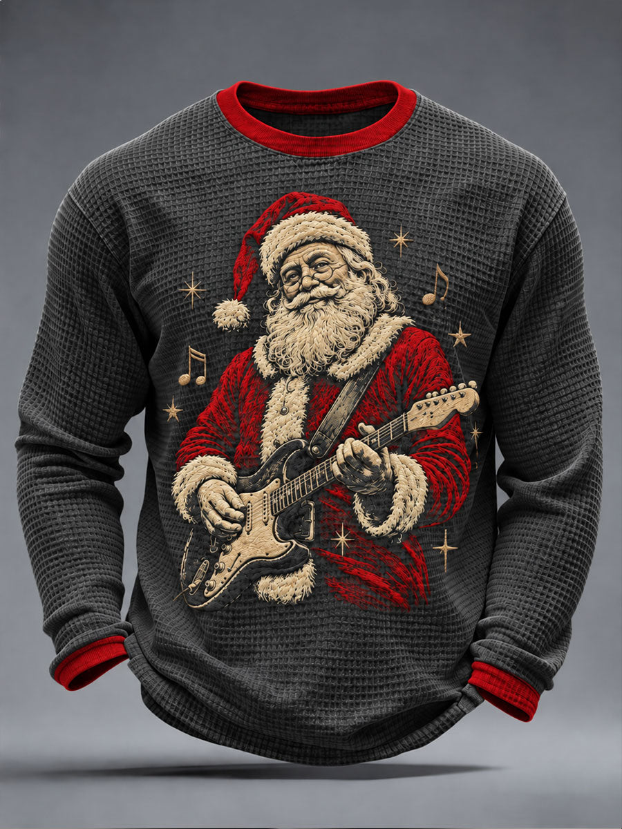Mænds Guitar Rock Santa print vaffel lang ærme T-shirt