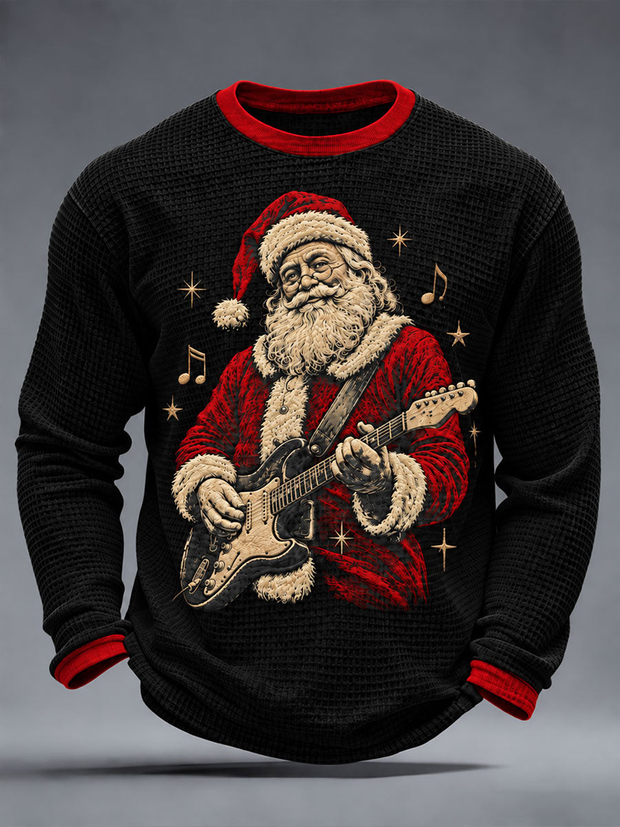 Mænds Guitar Rock Santa print vaffel lang ærme T-shirt