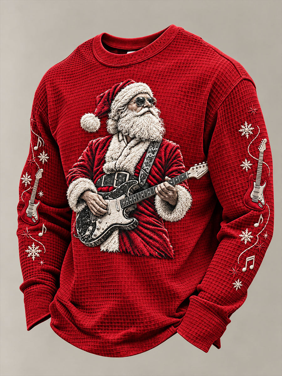 Mænds Guitar Rock Santa Claus Print Vaffel sweathirt
