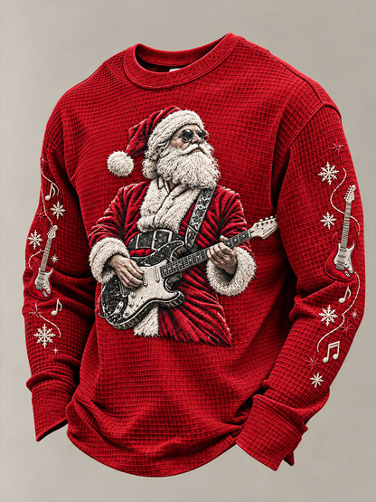 Mænds Guitar Rock Santa Claus Print Vaffel sweathirt
