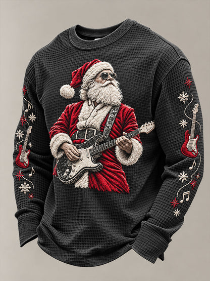 Mænds Guitar Rock Santa Claus Print Vaffel sweathirt