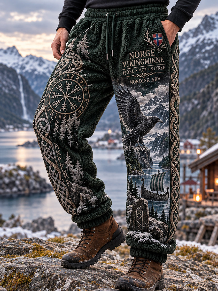 Menns Vintage-stilte flannelbukser med vikingsinspirerte fingeravtrykk
