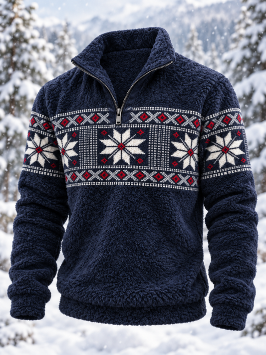 Herre-sweatshirt i nordisk Fair Isle-stil med geometrisk snefnugmønster, flannel