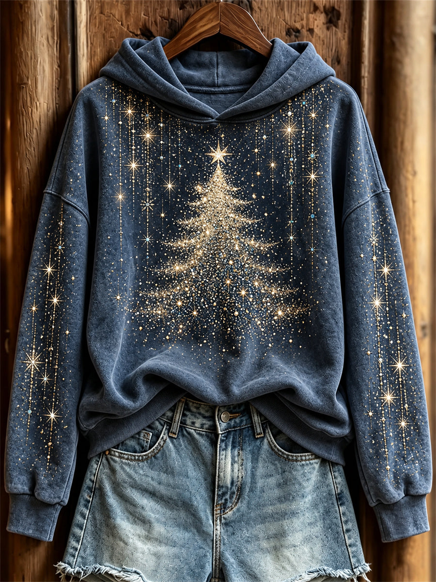 Kvindehoodie med elegant glitrende juletræskunstprint