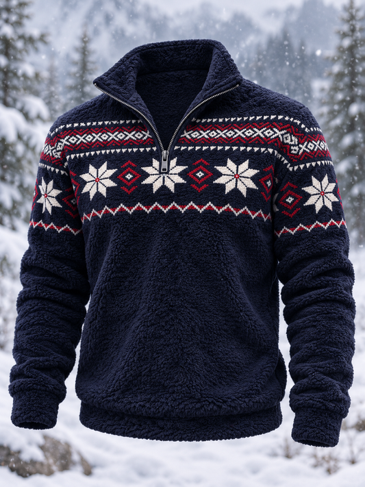 Herre-sweatshirt i nordisk Fair Isle-stil med geometrisk snefnugmønster, flannel