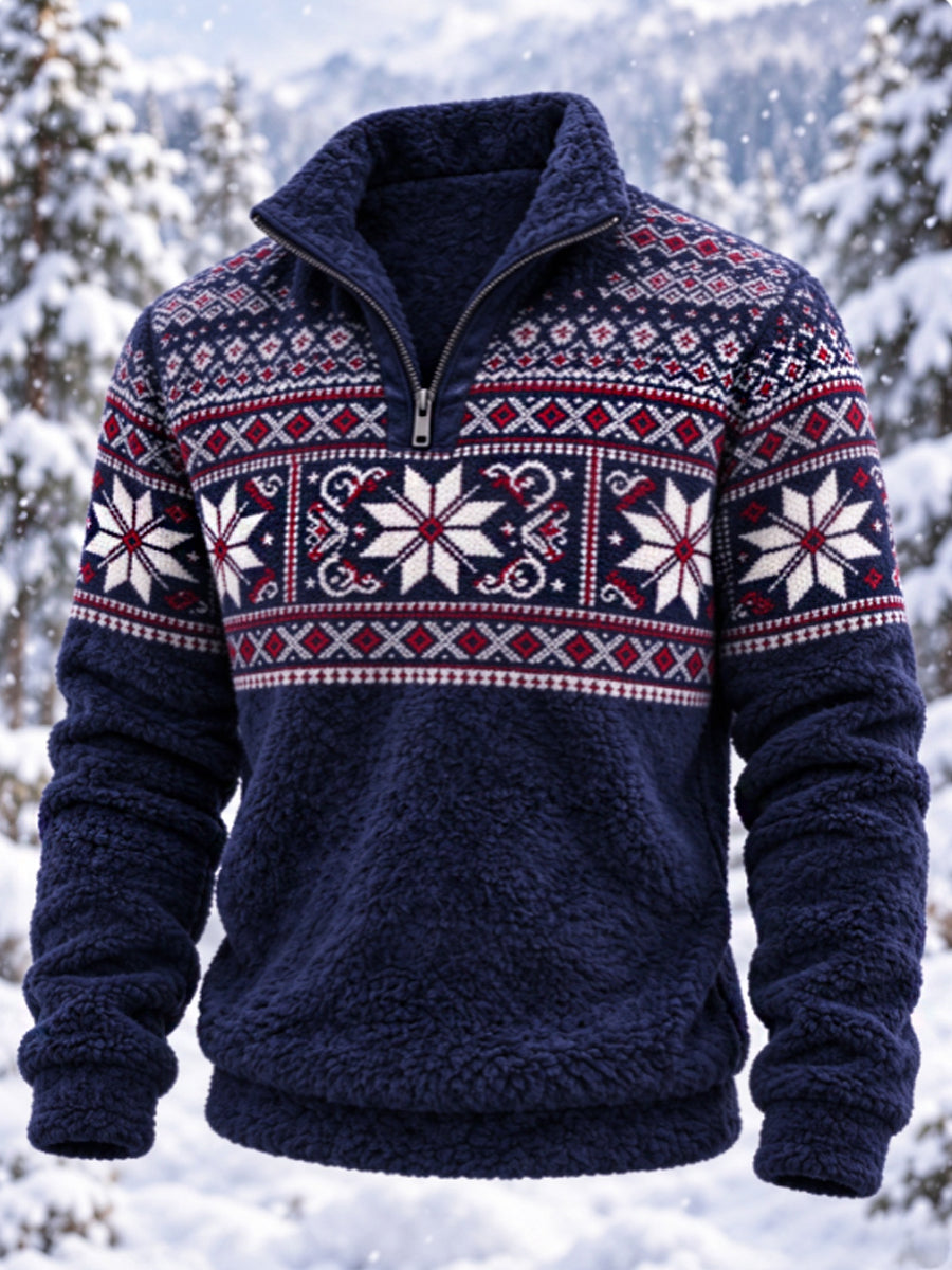 Herre-sweatshirt i nordisk Fair Isle-stil med geometrisk snefnugmønster, flannel