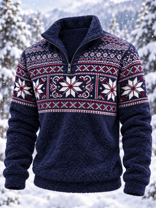 Herre-sweatshirt i nordisk Fair Isle-stil med geometrisk snefnugmønster, flannel